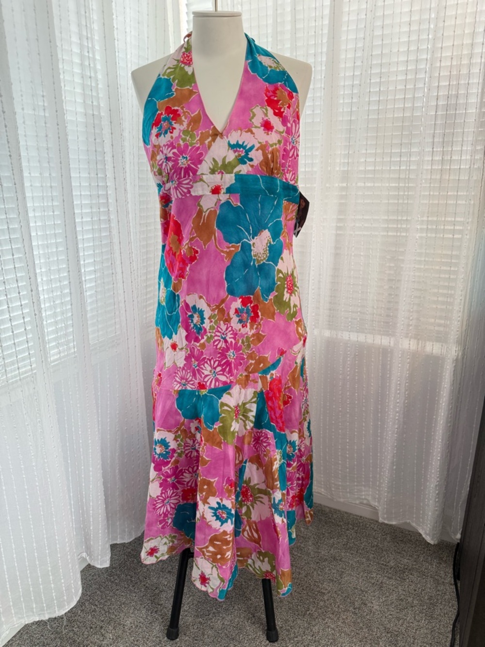 NWT Vintage Retro Roxy Pink Teal Floral Halter Sundress Size L